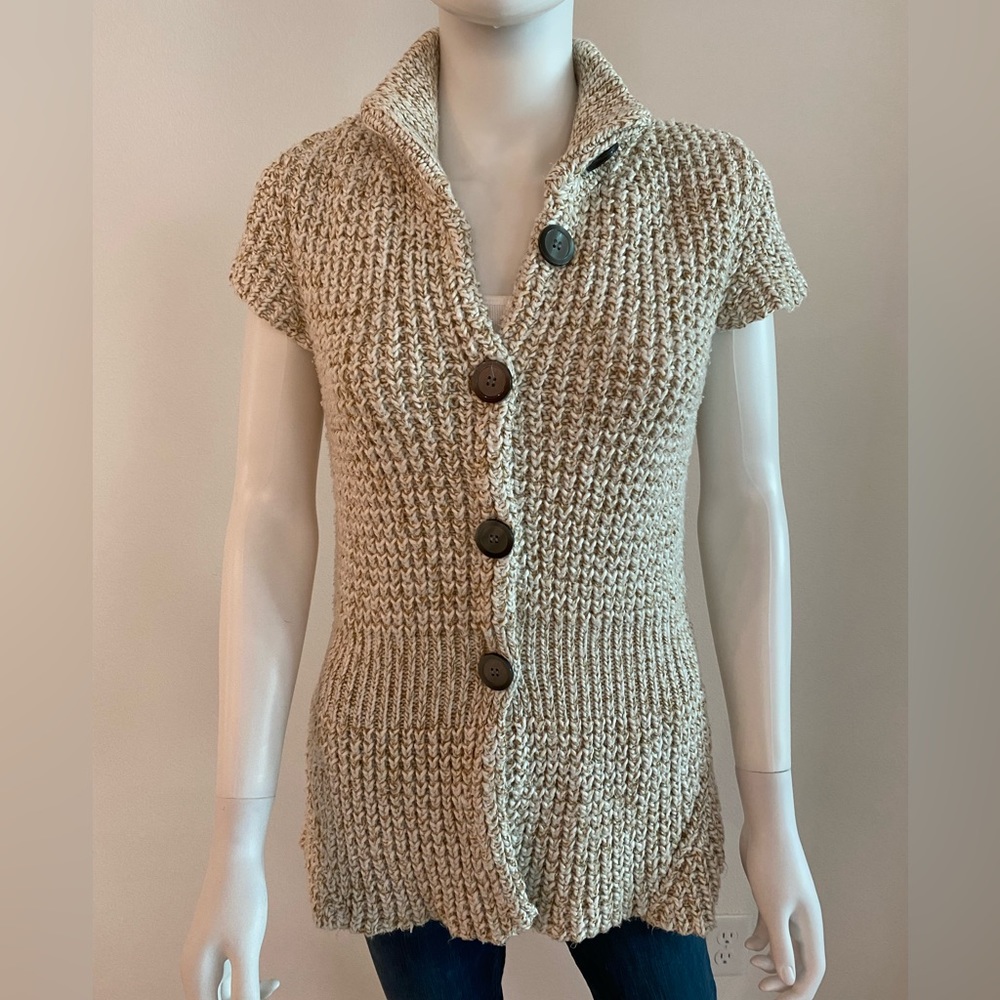 Kenneth Cole Short Sleeve Button Sweater, Beige and White, Women's Size M